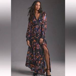 Maeve by Anthropologie NWOT Black Deep-V printed maxi dress size 0